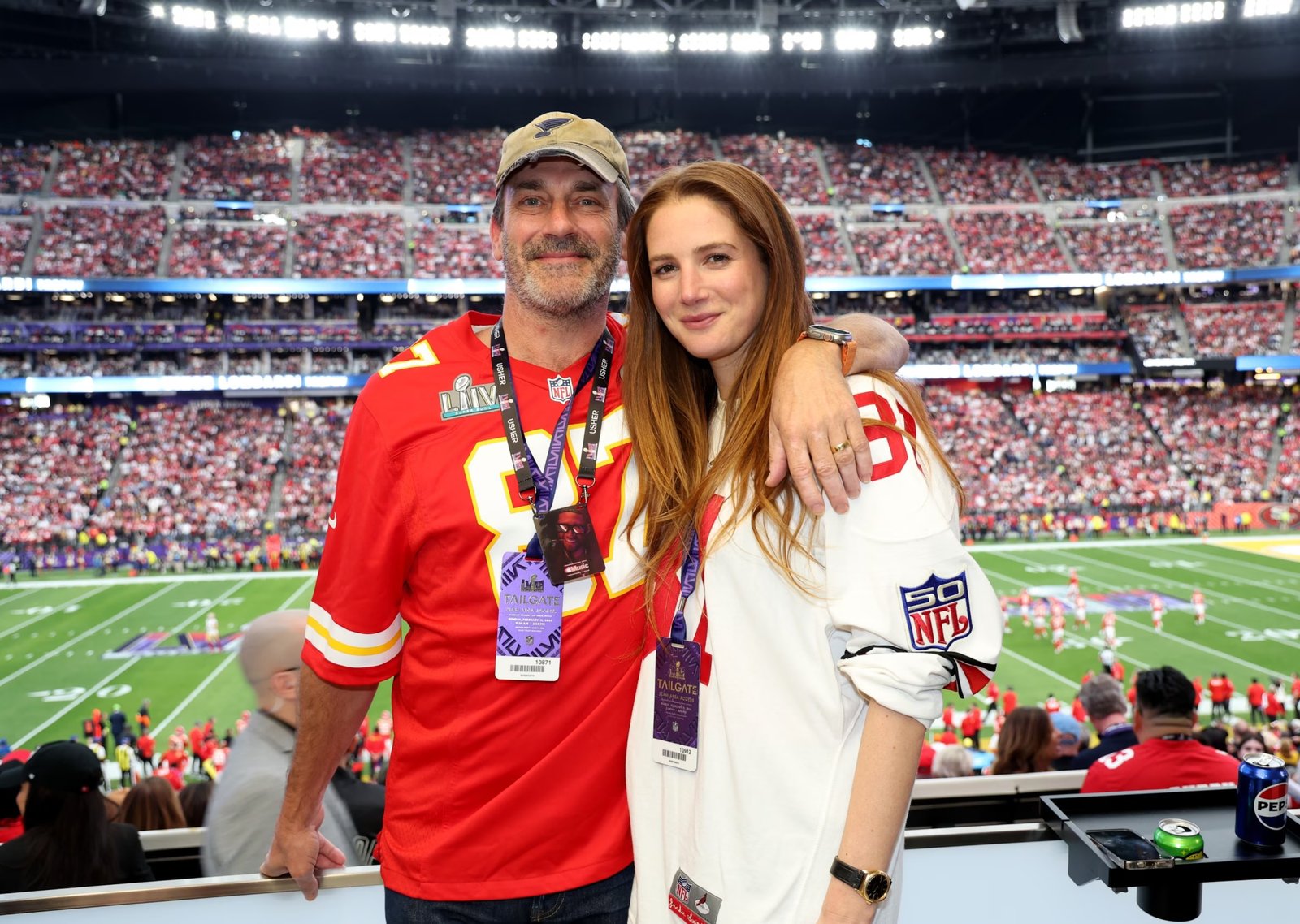 Jon Hamm and Anna Osceola attend Super Bowl LVIII, Feb. 11, 2024, in Las Vegas.