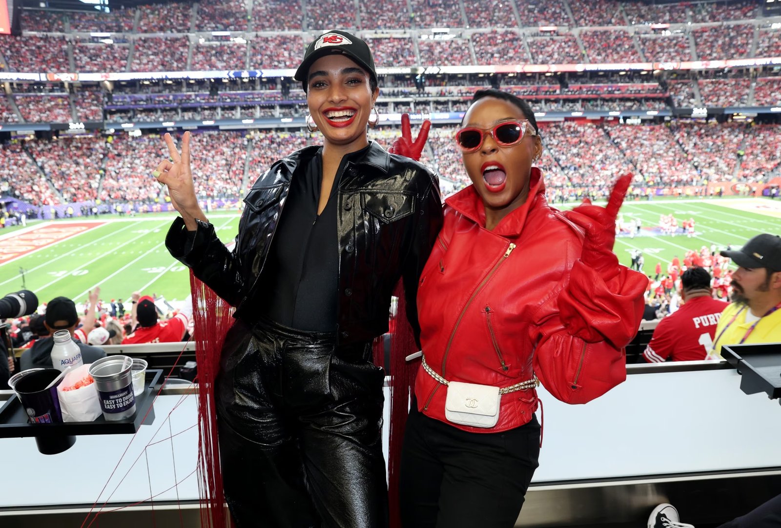 Aitana Rinab Perez and Janelle Monae attend Super Bowl LVIII, Feb. 11, 2024, in Las Vegas.