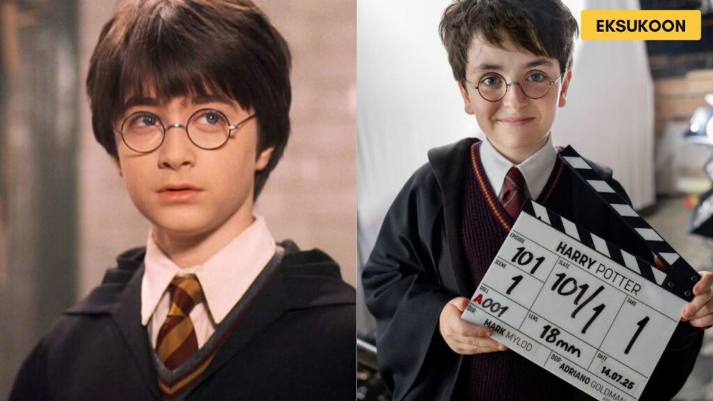 Daniel Radcliffe and Dominic McLaughlin as Harry Potter