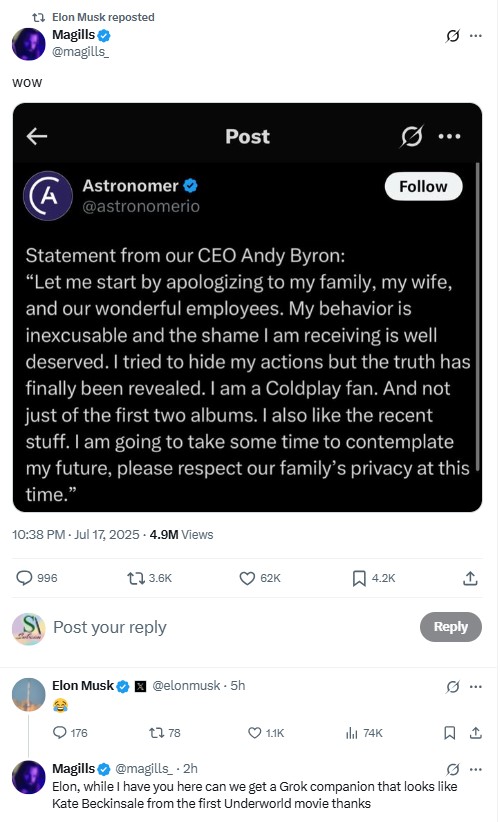 Elon Musk Reacts to Andy Byron fake apology