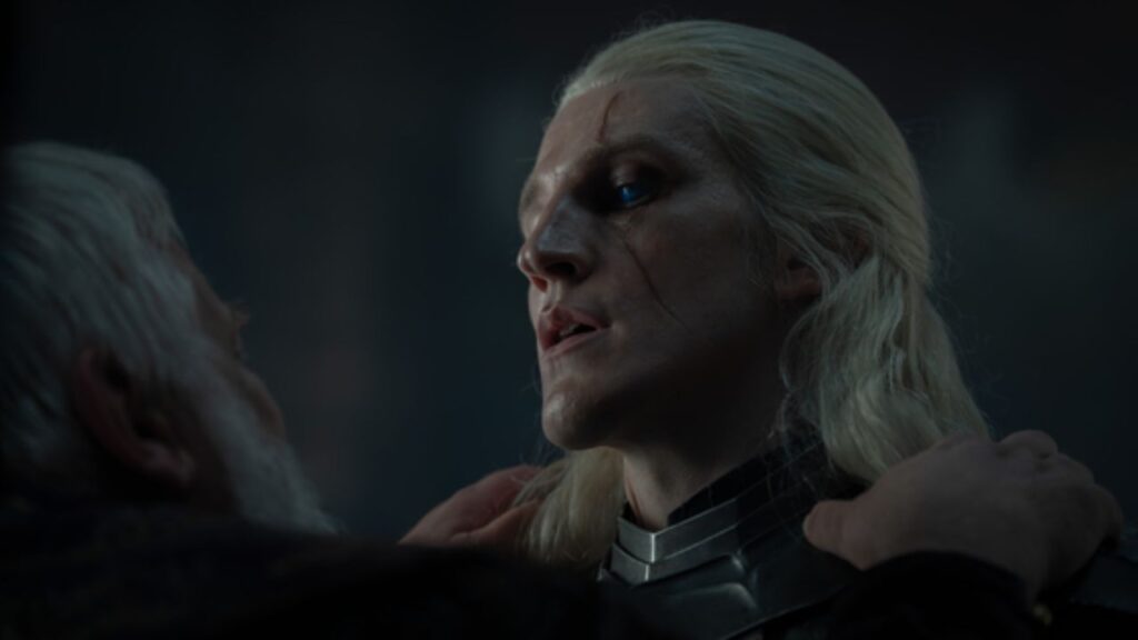 Ewan Mitchell and Simon Russell Beale as Prince Aemond Targaryen and Ser Simon Strong in “House of the Dragon” Season 3 Episode 2