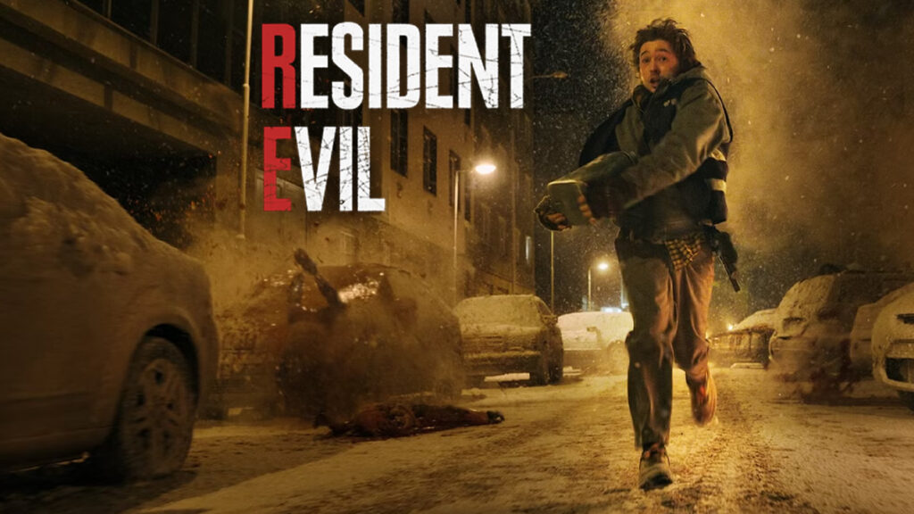 A dark, snowbound street in Raccoon City with flickering neon signs.