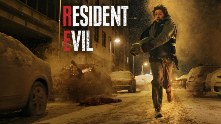 A dark, snowbound street in Raccoon City with flickering neon signs.