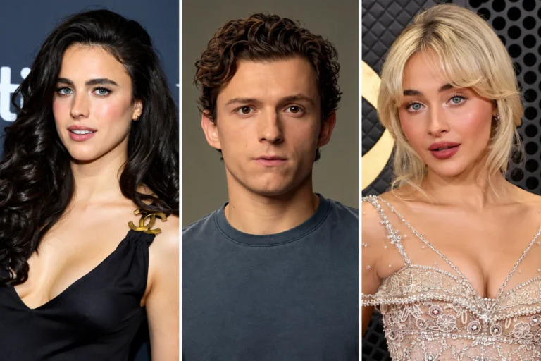 Tom Holland, Sabrina Carpenter, and Margaret Qualley headshot collage for Fred Astaire biopic