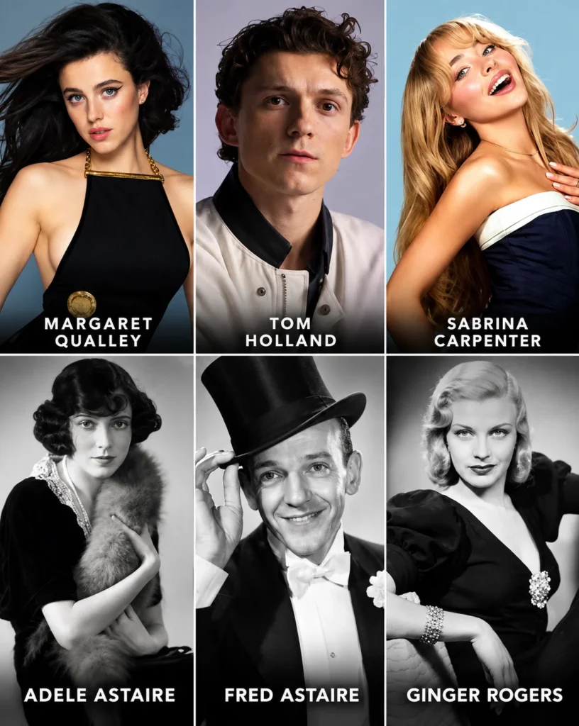 Tom Holland, Sabrina Carpenter, and Margaret Qualley headshot collage for Fred Astaire biopic