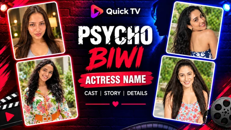 Psycho Biwi Quick TV promotional poster featuring four actresses with a cinematic red and blue neon background.