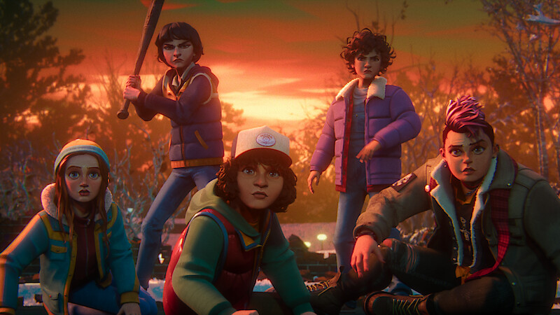 Graphic representation of 1980s Hawkins with animated silhouettes of the main cast.